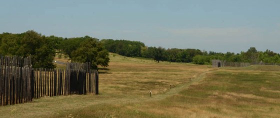 This picture is from the top of the most important mound at the site, looking north toward the other outer corner of the area delimited by the stockade (you should be able to see the poles at both ends as well as the corresponding mound at the other corner.  The rectangular settlement was parallel to and on the river bank. At the back of the picture on the left side, you can see the upward slope of the land:  Here there were about 7 mounds lined up in a row.  They are a little obscured by the trees.  Interestingly, these mounds and several others that no longer exist were outside the stockade.  Oh, and ps:  They were not burial mounds!