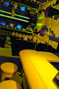 One of my favorites!  Bright yellow and navy blue TV room. Loved it!