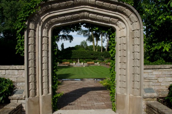 Entrance to the Sunken Garden.  Sculpture by my dad is way in the back behind the pool on the pedestal.