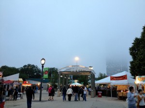 You can barely make out the buildings in the fog.