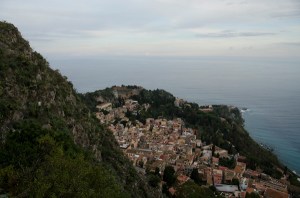 This is the view of Taormina we saw as we walked down the stairs. (See the Greek theater at the top of the hill in front of the water?)
