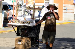 There were all kinds of characters wandering around before the parade, including this man who made hats from beer cans!