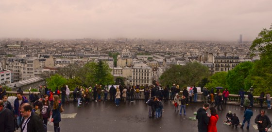 View of rainy, foggy Paris from Sacre Couer.
