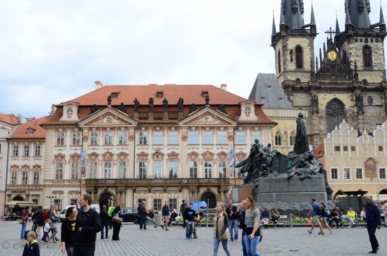 Main Square in Prague - Jan Huss monument is that huge staute in the picture
