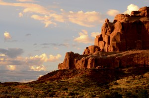Arches National Park shows off its colors when the rain clouds clear on a June morning.