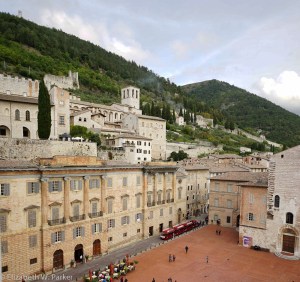 This is a shot I took from the loggia way up on the Palazzo dei Consoli of the piazza below. Note how Gubbio is built up the rising hill. Explains why their are elevators for short cuts from top to bottom!
